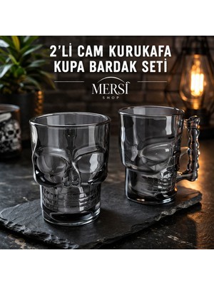 Mersi Shop 2’li Cam Kurukafa Kupa Bardak Seti – Gotik Tasarım Şeffaf Skull Kupa