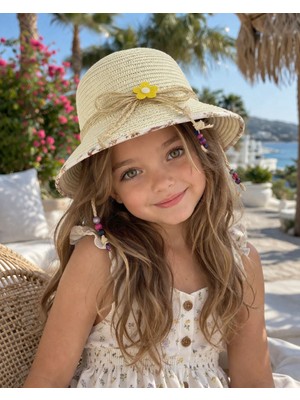 Aydın Şapkacınız %100 Hasır Premium Kız Çocuk Şapka – Papatya & Boncuk Detaylı (4-8 Yaş | 48 cm