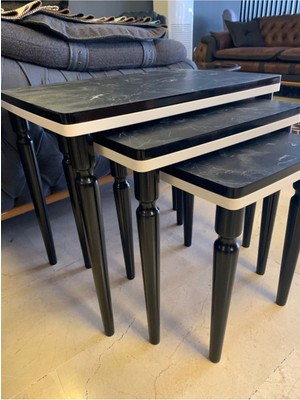 Akset 3Lü Lüx Zigon Sehpa Siyah Mermer MDF Yüzey Ahşap Ayaklarla Modern Tasarım