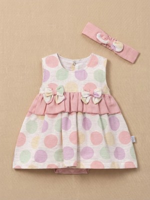 Alyakids Kız Bebek Puantiyeli Elbise ve Bandana Takımı - Fiyonk Detaylı Pamuklu Bebek Seti