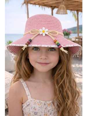 Aydın Şapkacınız %100 Hasır Premium Kız Çocuk Şapka – Papatya & Boncuk Detaylı (4-8 Yaş | 48 cm