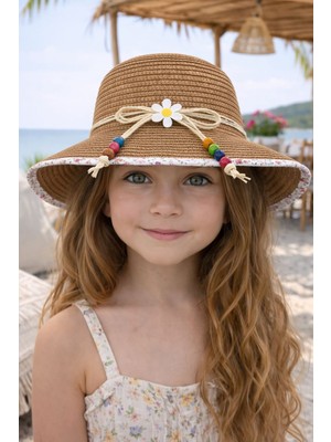 Aydın Şapkacınız %100 Hasır Premium Kız Çocuk Şapka – Papatya & Boncuk Detaylı (4-8 Yaş | 48 cm