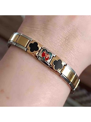 Bontexs Kadın Italyan Tasarım Modüler Charm Bileklik - Siyah Yonca ve Kalp Detaylı Gold-Silver Karma Seri
