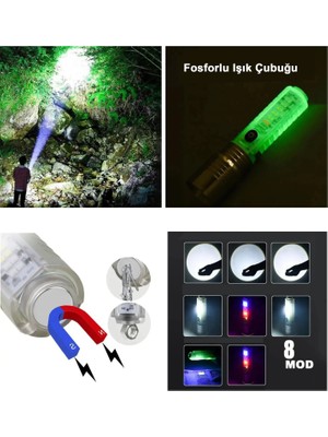 Elektronikçim El Feneri 8 Mod Şarjlı Fosforlu Mıknatıslı LED El Feneri