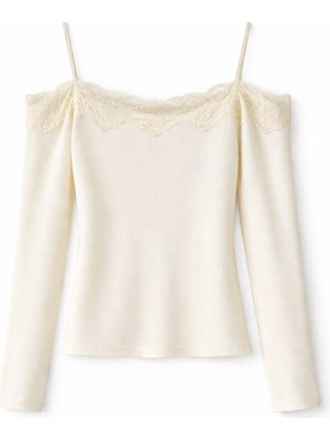 Spica Kadın Askılı Dantel Detaylı Kayık Yaka Uzun Kollu Esnek Kumaş Bluz