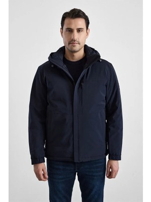 Süvari Lacivert Slim Klasik Yaka Düz Yan Cepli Fermuar Kapitone Rüzgar Geçirmez Mont