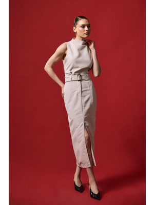 Sateen Jessi Yırtmaçlı Etek - Bej