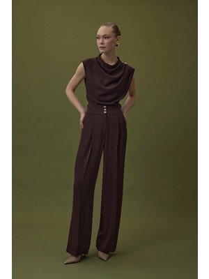 Sateen Talia Düğme Detaylı Pantolon - Kahve