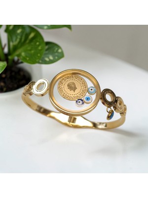 Luna Jewelry Kadın Gold Renk Çeyrekli Açılabilir Çerçeveli 316 L Çelik Kelepçe Bileklik