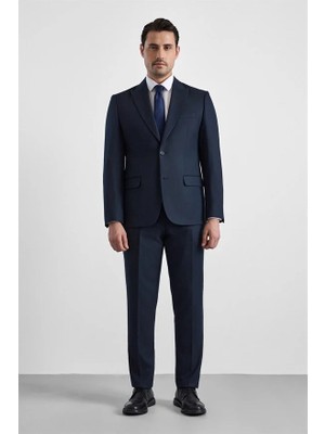 Süvari Lacivert Slim Sivri Yaka Kazayağı Armürlü Kapaklı Cep Standart 6 Drop Takım Elbise