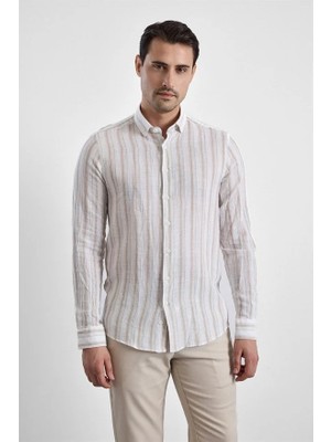Süvari Bej Slim Düğmeli Yaka Casual Gömlek