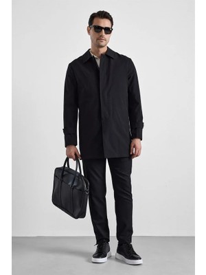 Süvari Siyah Slim Bebe Yaka Düz Yan Cepli Düğmeli Dolgusuz Standart Mont