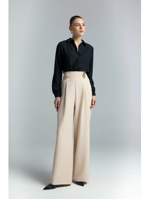 Sateen Bel Aksesuarlı Pantolon - Bej