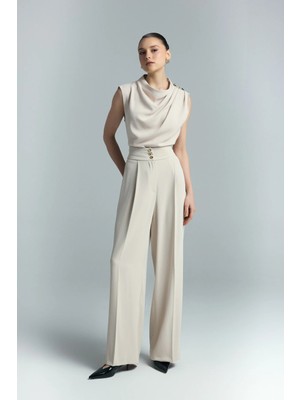 Sateen Talia Düğme Detaylı Pantolon - Bej