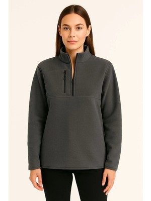 Giyim Center Kadın Polar Kazak Dik Yaka Yarım Fermuarlı Fermuarlı Göğüs Cepli Siyah Biyeli - Füme