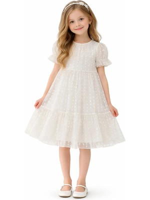 İrem Çocuk Giyim Kız Çocuk Simli Astarlı Sırtı Düğme Kapamalı Ekru Renk Midi Boy Şık Elbise