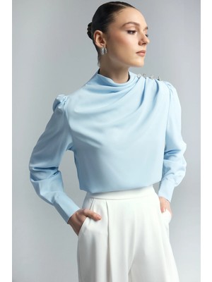 Sateen Düğmeleri Taş Detaylı Bluz - Mavi