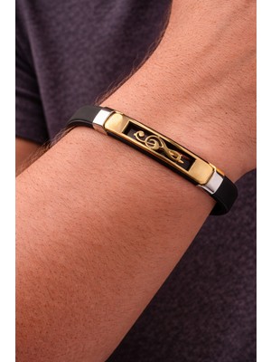 Herşey Nota 316L Paslanmaz Çelik Sol Anahtarı Gold Detaylı Erkek Bileklik – Siyah Kauçuk Modern Bileklik