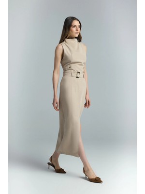 Sateen Jessi Yırtmaçlı Etek - Camel