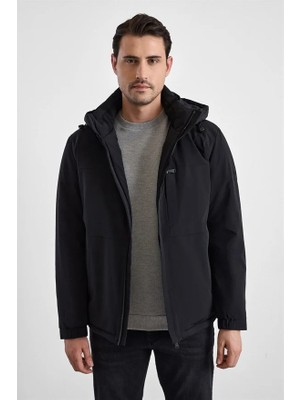 Süvari Siyah Slim Klasik Yaka Düz Yan Cepli Fermuar Kapitone Rüzgar Geçirmez Mont