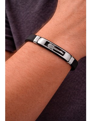 Herşey Nota 316L Paslanmaz Çelik Gümüş Gitar Detaylı Erkek Bileklik – Siyah Kauçuk Modern Bileklik