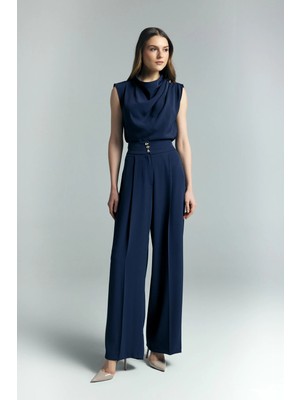 Sateen Talia Düğme Detaylı Pantolon - Lacivert