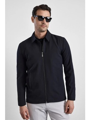 Süvari Siyah Slim Bebe Yaka Düz Yan Cepli Fermuarlı Dolgusuz Standart Mont