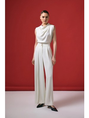 Sateen Talia Düğme Detaylı Pantolon - Ekru