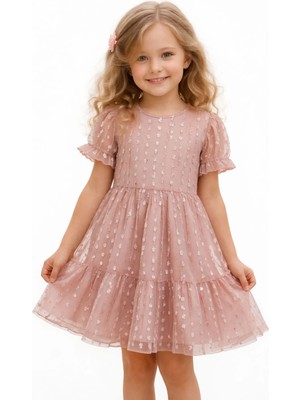 İrem Çocuk Giyim Kız Çocuk Gül Kurusu Renk Çiçek İşlemeli Astarlı Midi Boy Şık Elbise