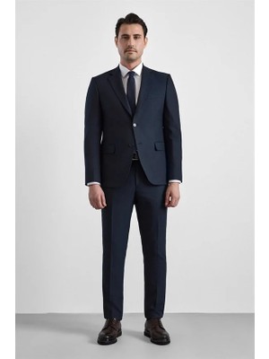 Süvari Lacivert Slim Sivri Yaka Kazayağı Armürlü Torba Cep Standart 6 Drop Takım Elbise