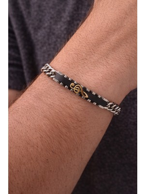 Herşey Nota 316L Paslanmaz Çelik Sol Anahtarı Detaylı Erkek Bileklik – Gümüş Renk Uzatma Zincirli Şık Bileklik