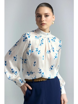 Sateen Çiçek Desenli Bluz - Indigo