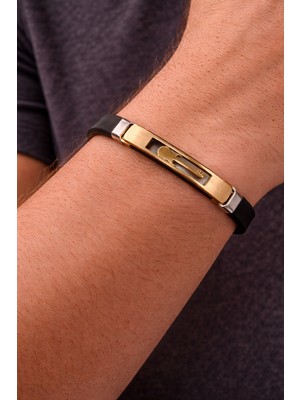 Herşey Nota 316L Paslanmaz Çelik Gold Gitar Detaylı Erkek Bileklik – Siyah Kauçuk Modern Bileklik