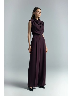 Sateen Talia Düğme Detaylı Pantolon - Mürdüm