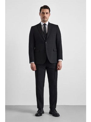 Süvari Siyah Regular Sivri Yaka 4 Drop Yelekli Takım Elbise