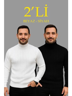 Giyim Center Erkek Fitilli Kazak Tam Boğazlı Balıkçı Yaka Triko 2'li Set Beyaz-Siyah