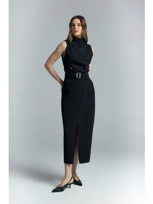 Sateen Jessi Yırtmaçlı Etek - Siyah