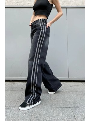 Pileli Store Yanı Şeritli Yıkamalı Baggy Jean