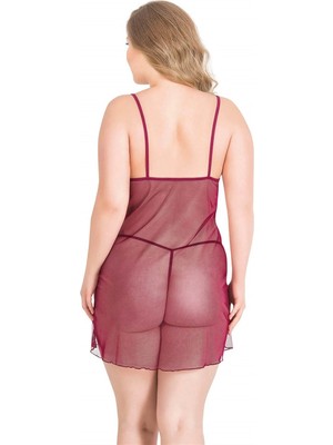 Ieg™ Büyük Beden Bordo Kısa Tül Gecelik