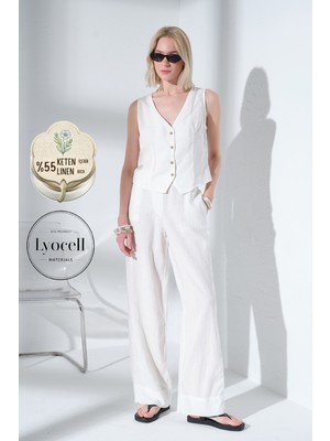 Maule Arkası Lastikli Önü Düz Geniş Paça Keten Lyocell Karışımlı Kadın Pantolon @lemon