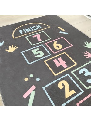 Limajuno Home & Kids Carpet Gri Zeminli Seksek Desenli Dijital Baskılı Çocuk HALISI_100 x 150 cm