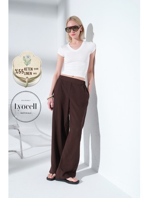 Maule Arkası Lastikli Önü Düz Geniş Paça Keten Lyocell Karışımlı Kadın Pantolon @lemon