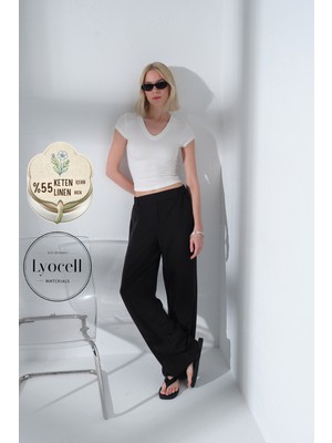 Maule Arkası Lastikli Önü Düz Geniş Paça Keten Lyocell Karışımlı Kadın Pantolon @lemon