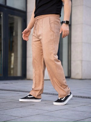 Pileli Store Keten Cepli Çıma Dikişli Jogger Buggy Pantalon Rahat Kalıp - Kahverengi