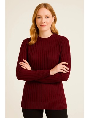 Pileli Store Bisiklet Yuvarlak Yaka Triko Kazak Pamuklu Kalın Fitilli Dokuma, Regular Fit Uzun Kollu Kışlık M