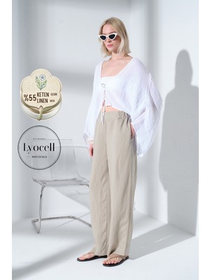 Maule Arkası Lastikli Önü Düz Geniş Paça Keten Lyocell Karışımlı Kadın Pantolon @lemon