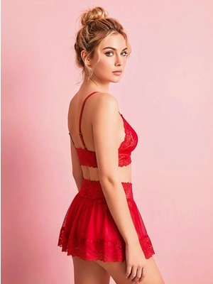 Ieg™ Kırmızı Dantel Işlemeli Kurdelalı Büstiyer Etek Takımı