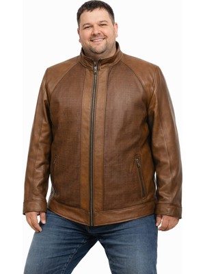 Viamod Leather Büyük Beden Erkek Kahverengi Hakim Yaka Modern Tasarım Dokulu Saf Deri Mont 4631