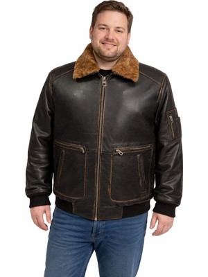 Viamod Leather Büyük Beden Erkek Hakiki Deri Ceket Kürk Yakalı Siyah Premium Pilot Model Gerçek Deri Mont Üretici Garantili