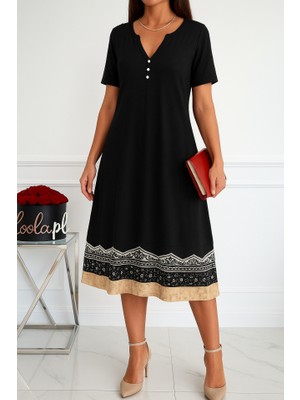 Pileli Store Kadın Kısa Kollu V Yakalı Etek Ucu Desenli Viskon Elbise